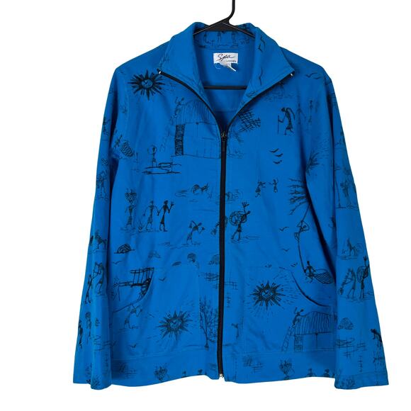 Chico's Sweaters - Chico’s Spa Blue Zip Front Jacket Size 1 (M) Abstract Embroidered Print